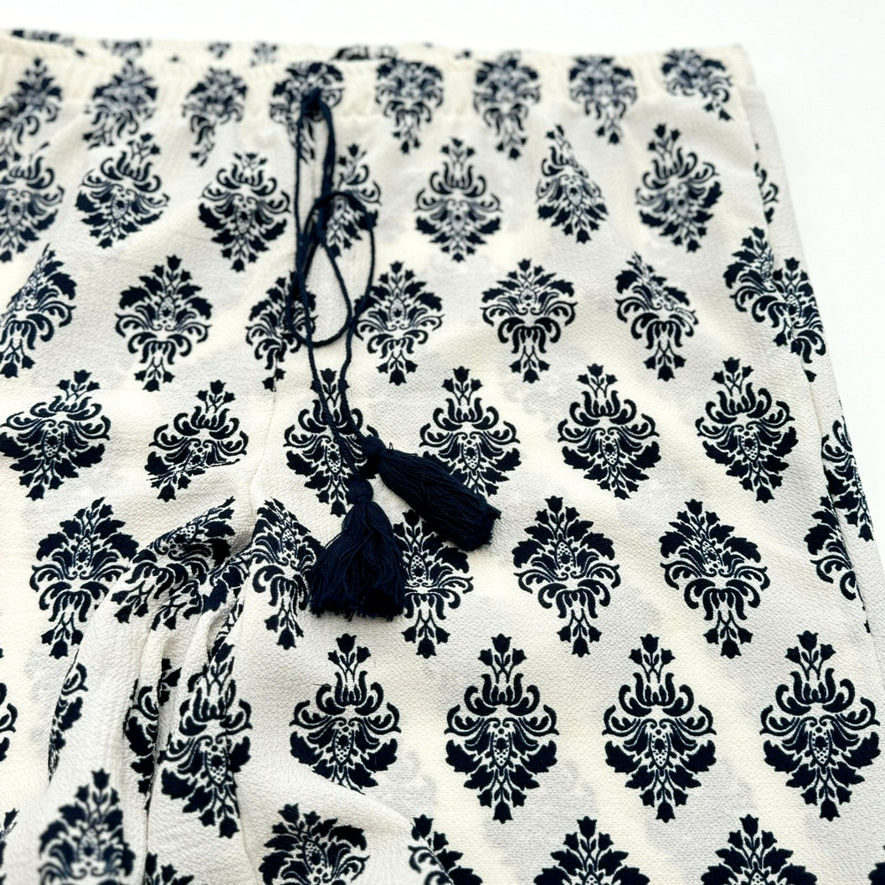 PORTOCRUZ Large Swim Cover Up Pants Beach Boho Wide Leg Slits Tassels Blue White